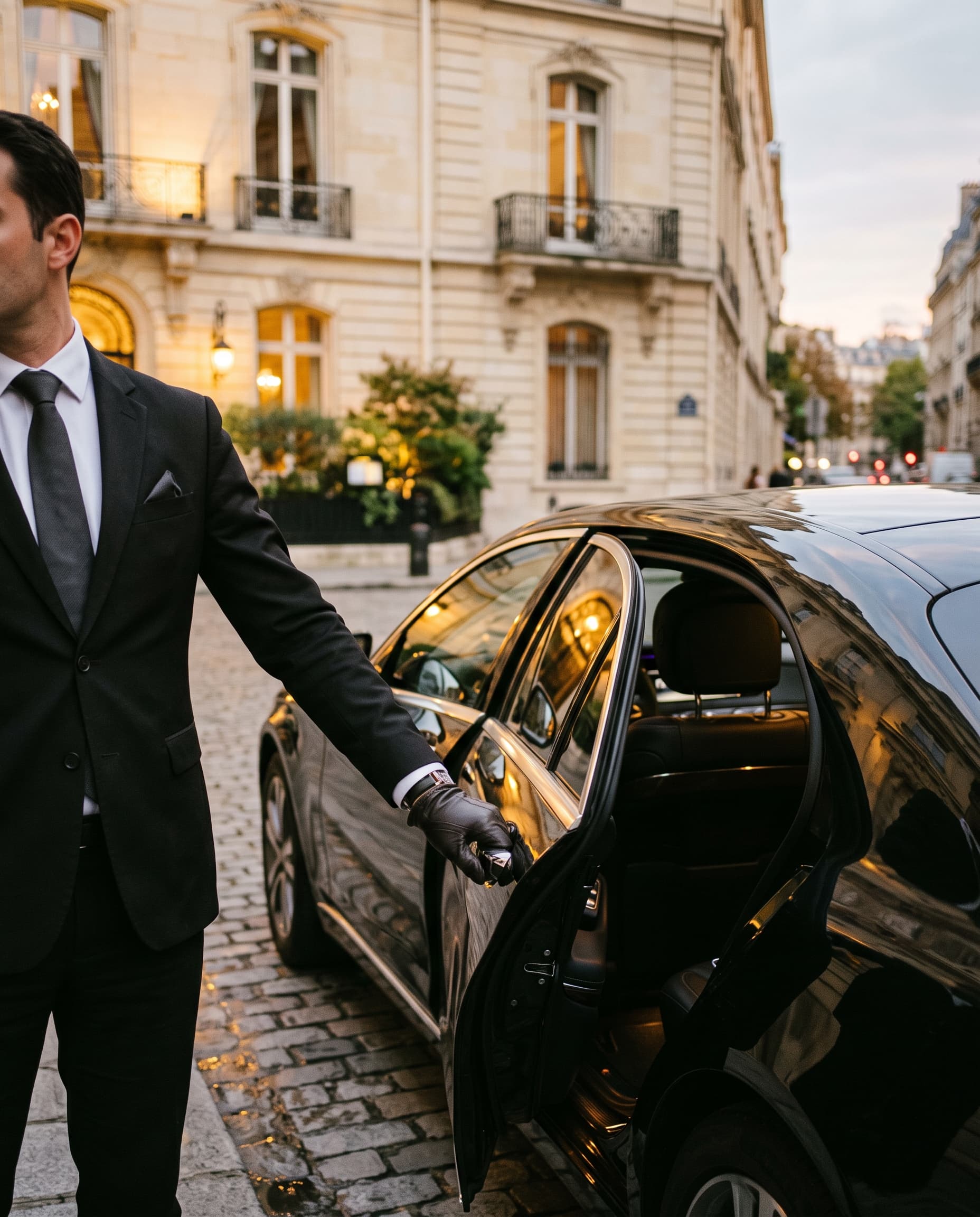 Chauffeur en costume ouvrant la portière arrière d'une berline