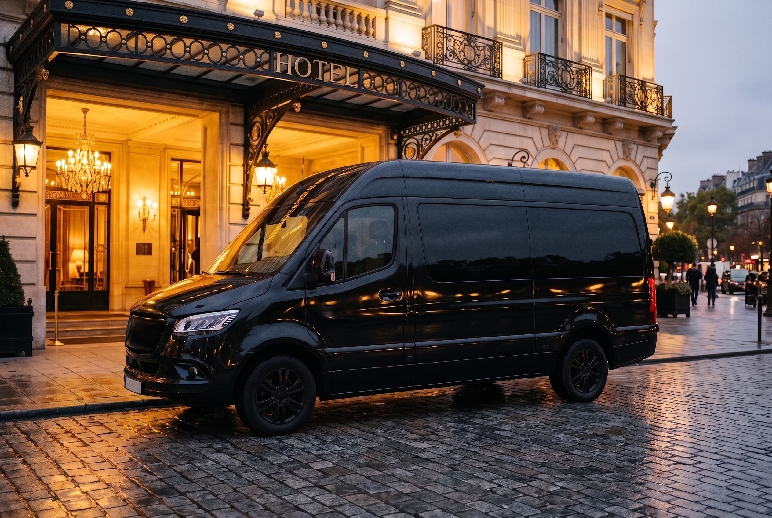Van exécutif noir devant l'entrée d'un hôtel